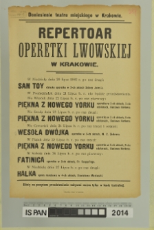 REPERTOAR OPERETKI LWOWSKIEJ W KRAKOWIE od 20 do 27 lipca 1902