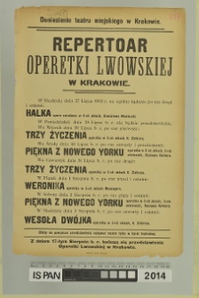 REPERTOAR OPERETKI LWOWSKIEJ od 27 lipca do 3 sierpnia 1902