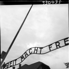 Oświęcim, niemiecki nazistowski ob&oacute;z koncentracyjny i zagłady, brama z napisem "Arbeit macht Frei", fragment.ik