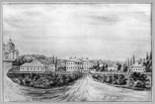 Biała Cerkiew. Widok pałacu Branickich i kościoła. Rys. Napoleona Ordy, ok. 1870-1874.