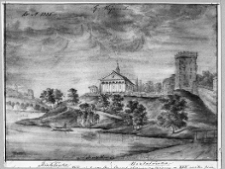 Białołówka. Widok ruin zamku i kościoła. Wg rys. Napoleona Ordy, 1870.