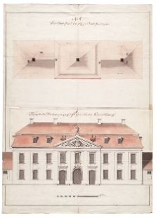 Pałac koniuszego królewskiego Johanna Adolpha von Brühla, widok elewacji zachodniej i rzut dachu SSHD, 12884 Karten und Risse, Schr 007, F 089, Nr 006 b