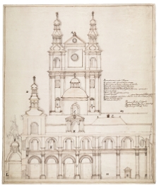 Kraków, kościół kolegiacki św. Floriana na Kleparzu. Fasada, przekrój podłużny, mur cmentarza z bramą, fgura św. Floriana