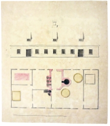 Rezydencja Br&uuml;hl&oacute;w w Woli. Projekt budynku gospodarczego, rzut i widok elewacji