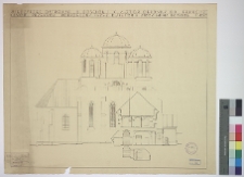 Międzyrzec ostrogski, cerkiew i monastyr św. Tr&oacute;jcy (d. klasztor franciszkan&oacute;w), przekr&oacute;j monastyru z widokiem na elewację cerkwi