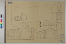 Lubiesz&oacute;w, kości&oacute;ł św. Jana Ewangelisty i d. klasztor pijar&oacute;w, plan sytuacyjny, ogrodzenie i posąg na cokole