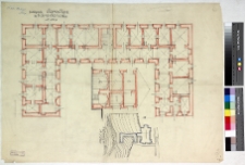 Korodenka, d. klasztor misjonarzy (budynek starostwa), plan sytuacyjny, rzut, przekr&oacute;j poprzeczny