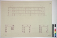 Łuck, Sąd Okręgowy (d. klasztor Trynitarzy), rzuty piwnic, przyziemia, piętra i przekr&oacute;j poprzeczny skrzydła wsch.