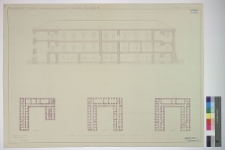 Łuck, Sąd Okręgowy (d. klasztor Trynitarzy), rzuty piwnic, przyziemia, piętra i przekr&oacute;j poprzeczny skrzydła wsch.