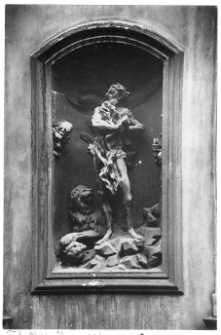 Lw&oacute;w, kamienica przy ulicy Krakowskiej 7, św. Onufry z lwem, dekoracja rzeźbiarska fasady