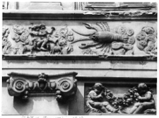 Lw&oacute;w, kamienica Czterech P&oacute;r Roku przy ulicy Ormiańskiej 23, dekoracja rzeźbiarska fryzu autorstwa Feliksa Krasuckiego, znaki zodiaku, Bliźnięta, Rak