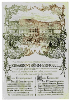 Lw&oacute;w, rycina upamiętniająca pierwszą rocznicę wkroczenia armii austro-węgierskiej do Lwowa, dedykowaną generałowi kawalerii Edwardowi B&ouml;hm-Ermolli