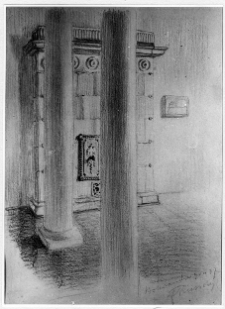 Bohdan&oacute;w, dw&oacute;r Ruszczyc&oacute;w, fragment pokoju stołowego z piecem kaflowym, rysunek Ferdynanda Ruszczyca z 1907 r.