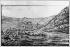 Czerwonogr&oacute;d, panorama miejscowości z zamkiem, litografia Piotra Pillera wg rysunku Antoniego Lange