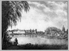 Dasz&oacute;w, pałac Potockich, widok og&oacute;lny założenia, litografia Piotra Pillera wg rysunku Antoniego Lange, ca 1825 r.