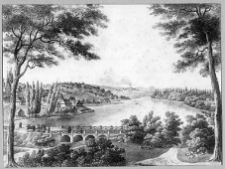 Dasz&oacute;w, widok z pałacu, litografia Piotra Pillera wg rysunku Antoniego Lange, ca 1825 r.