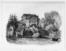 Dobrowlany, pałac na tle parku na litografii Kazimierza Bachmatowicza ok. 1835 r.