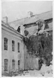 Dziewiątkowicze, pałac, fragment pałacu od strony dziedzińca, mal. Konrad Czarnocki, 1925 r.