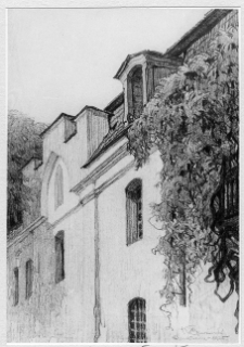 Dziewiątkowicze, pałac, fragment elewacji frontowej, rys. Konrad Czarnocki, 1925 r.