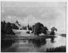 Gr&oacute;dek koło R&oacute;wnego, pałac, widok og&oacute;lny, litografia Henryka Peyera