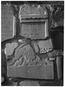 Kraków, cmentarz żydowski przy ul. Miodowej, mur, fragment z częściami rozbitych nagrobków.