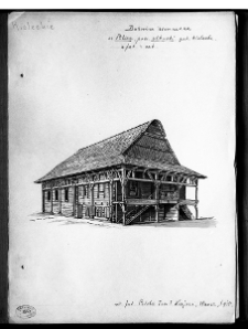 Pilica, synagoga, nieistniejąca. Widok pd pn.-zach., rys. na podstawie fotografii, 1915, MNW Teki Ikon. 4/2768.