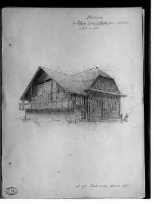 Pilica, synagoga, nieistniejąca. Widok pd pd.-wsch., rys. J. K. na podstawie fotografii Czekanskiego, 1915, MNW Teki Ikon. 4/1083.