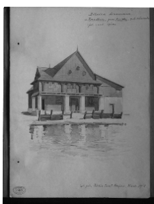 Przedbórz, synagoga nie istniejaca, widok od zach., rys. J.H., 1915 na podstawie fot.z 1910, MNW, teki Ikon. 4/3152.